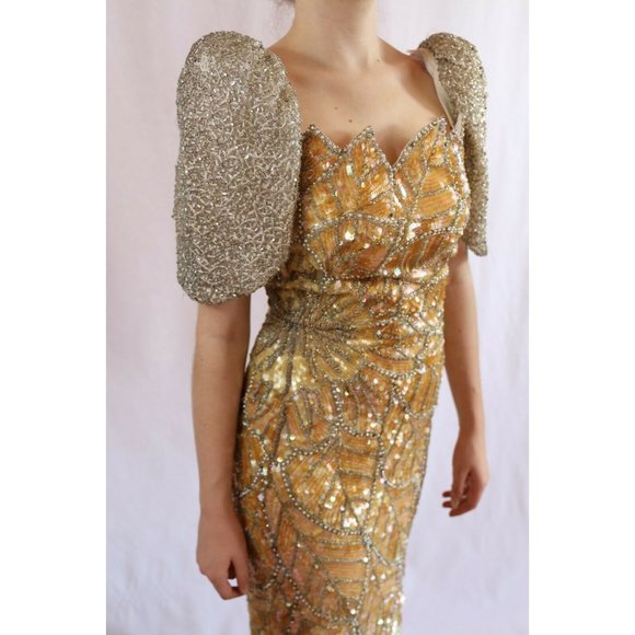 Vintage 80's Beaded Evening Gown Dress Gold/Silver Asymmetrical Sequin NWOT - Picture 8 of 12